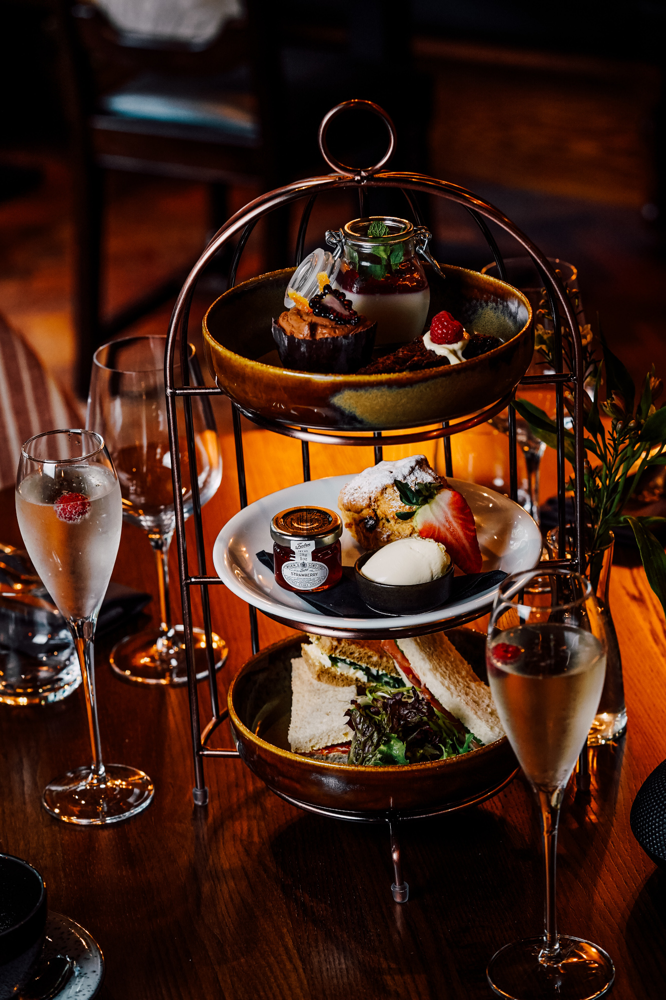 Classic Afternoon tea with a glass of Durello